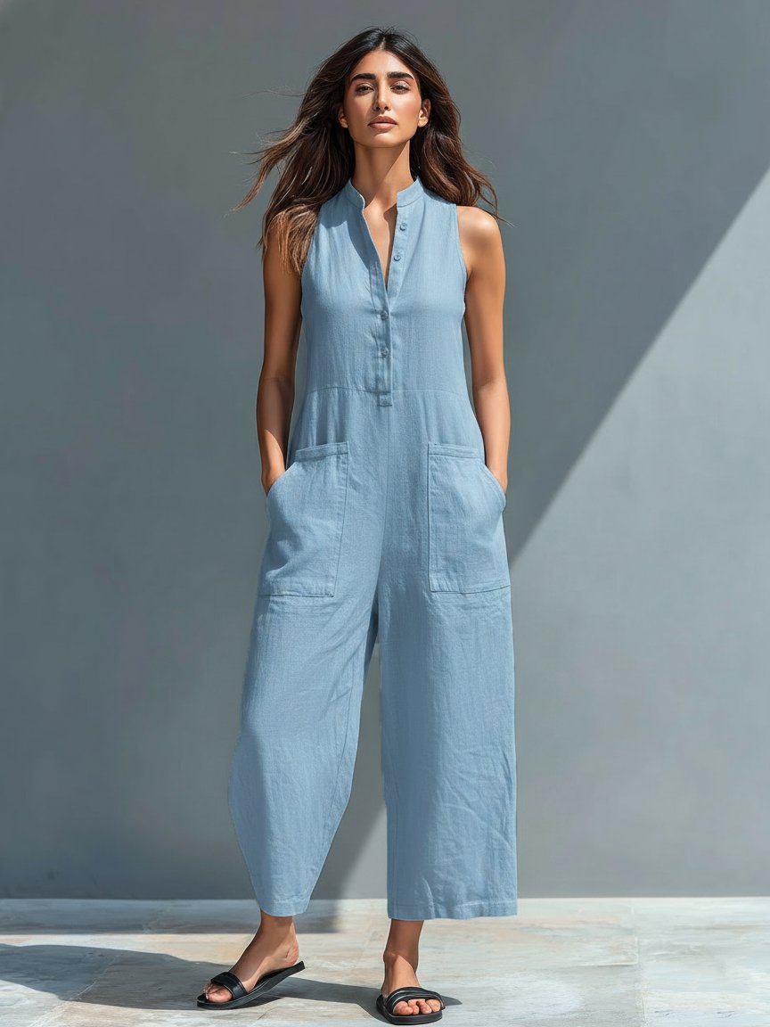 Chloe | Jumpsuit Linen Blend Stand Collar Button-Up Sleeveless Blue