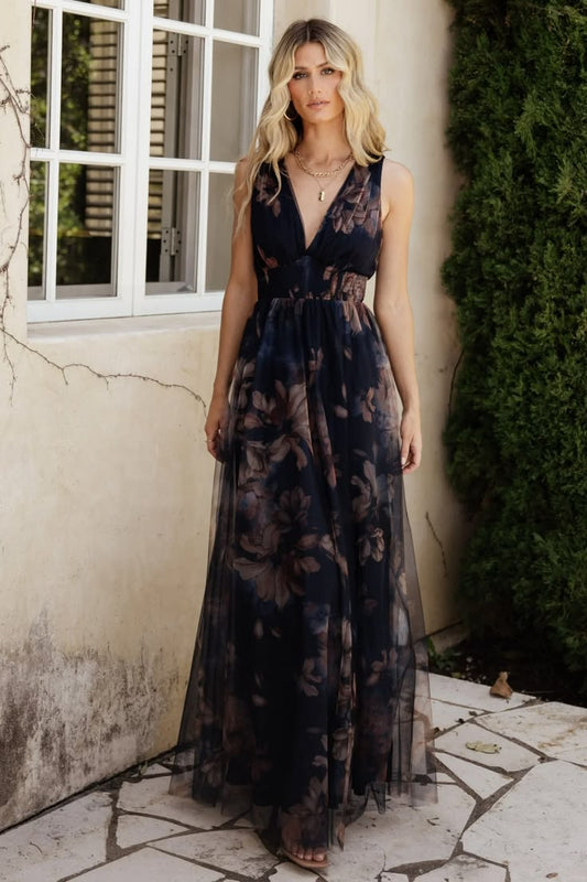 Kamila Tulle Maxi Dress, Dark Blue Floral