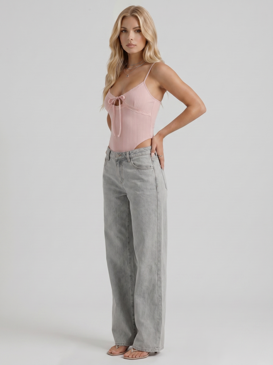 Amelie Bow Detail Wide Leg Jeans - Blue