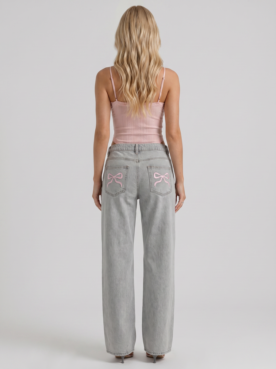 Amelie Bow Detail Wide Leg Jeans - Blue