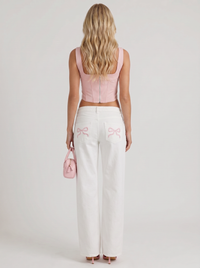 Amelie Bow Detail Wide Leg Jeans - White