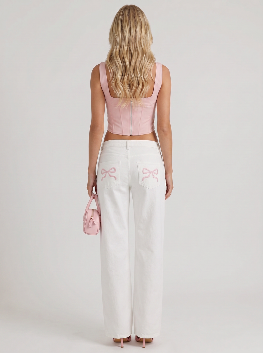 Amelie Bow Detail Wide Leg Jeans - White