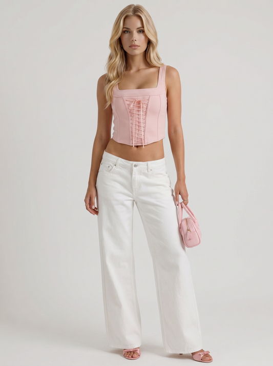 Amelie Bow Detail Wide Leg Jeans - White