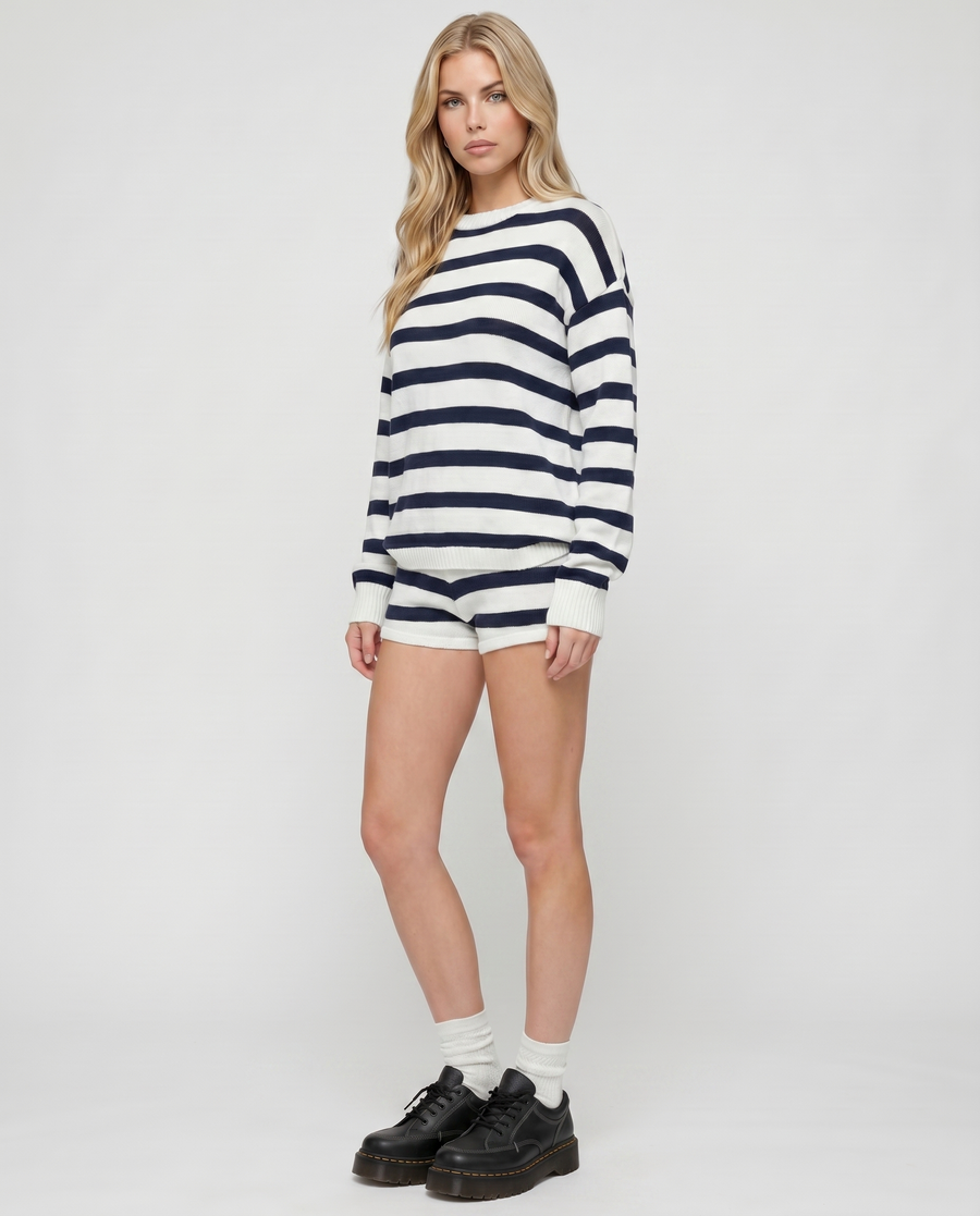Ashley Striped Shorts Set - Navy