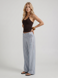 Brielle High Waist Wide Leg Tie Waist Linen Pants - Blue Maroon Stripe