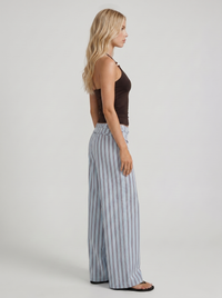 Brielle High Waist Wide Leg Tie Waist Linen Pants - Blue Maroon Stripe