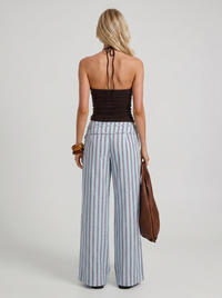 Brielle High Waist Wide Leg Tie Waist Linen Pants - Blue Maroon Stripe