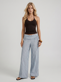 Brielle High Waist Wide Leg Tie Waist Linen Pants - Blue Maroon Stripe