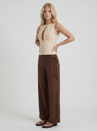 Brielle High Waist Wide Leg Tie Waist Linen Pants - Brown
