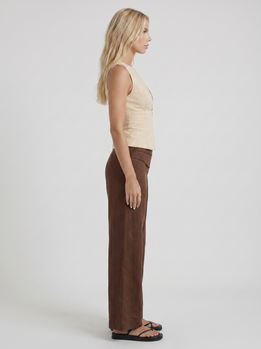 Brielle High Waist Wide Leg Tie Waist Linen Pants - Brown
