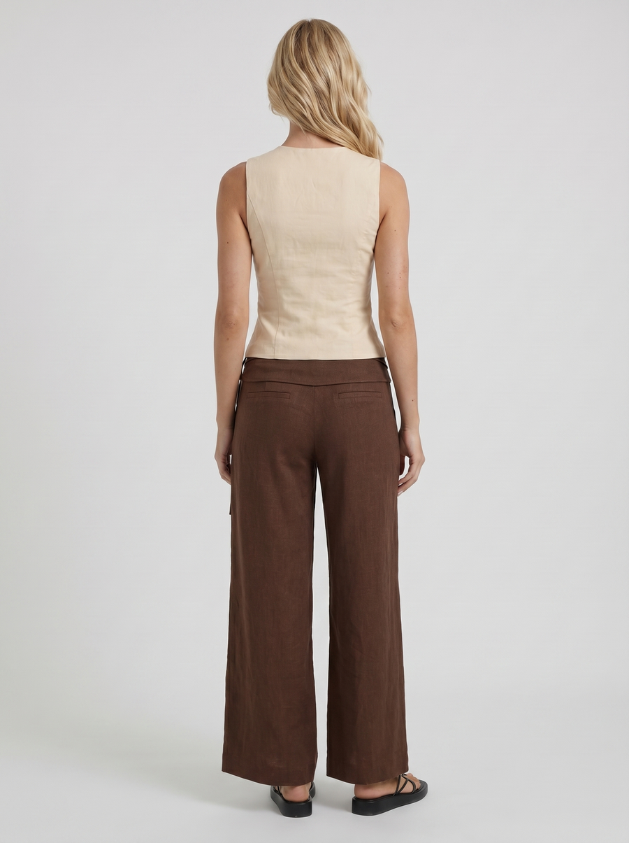 Brielle High Waist Wide Leg Tie Waist Linen Pants - Brown