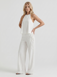 Brielle High Waist Wide Leg Tie Waist Linen Pants - White
