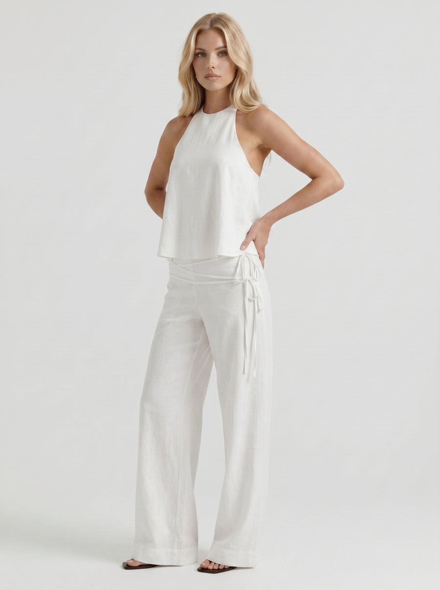 Brielle High Waist Wide Leg Tie Waist Linen Pants - White