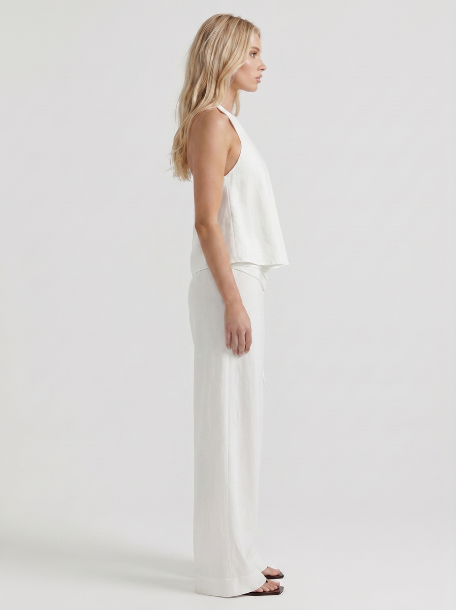 Brielle High Waist Wide Leg Tie Waist Linen Pants - White