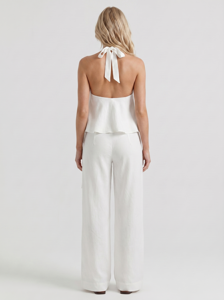 Brielle High Waist Wide Leg Tie Waist Linen Pants - White