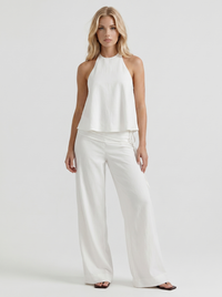 Brielle High Waist Wide Leg Tie Waist Linen Pants - White