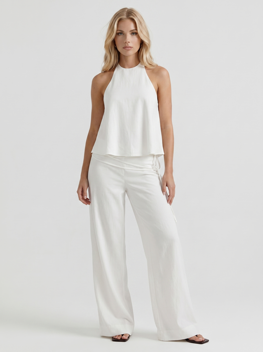 Brielle High Waist Wide Leg Tie Waist Linen Pants - White