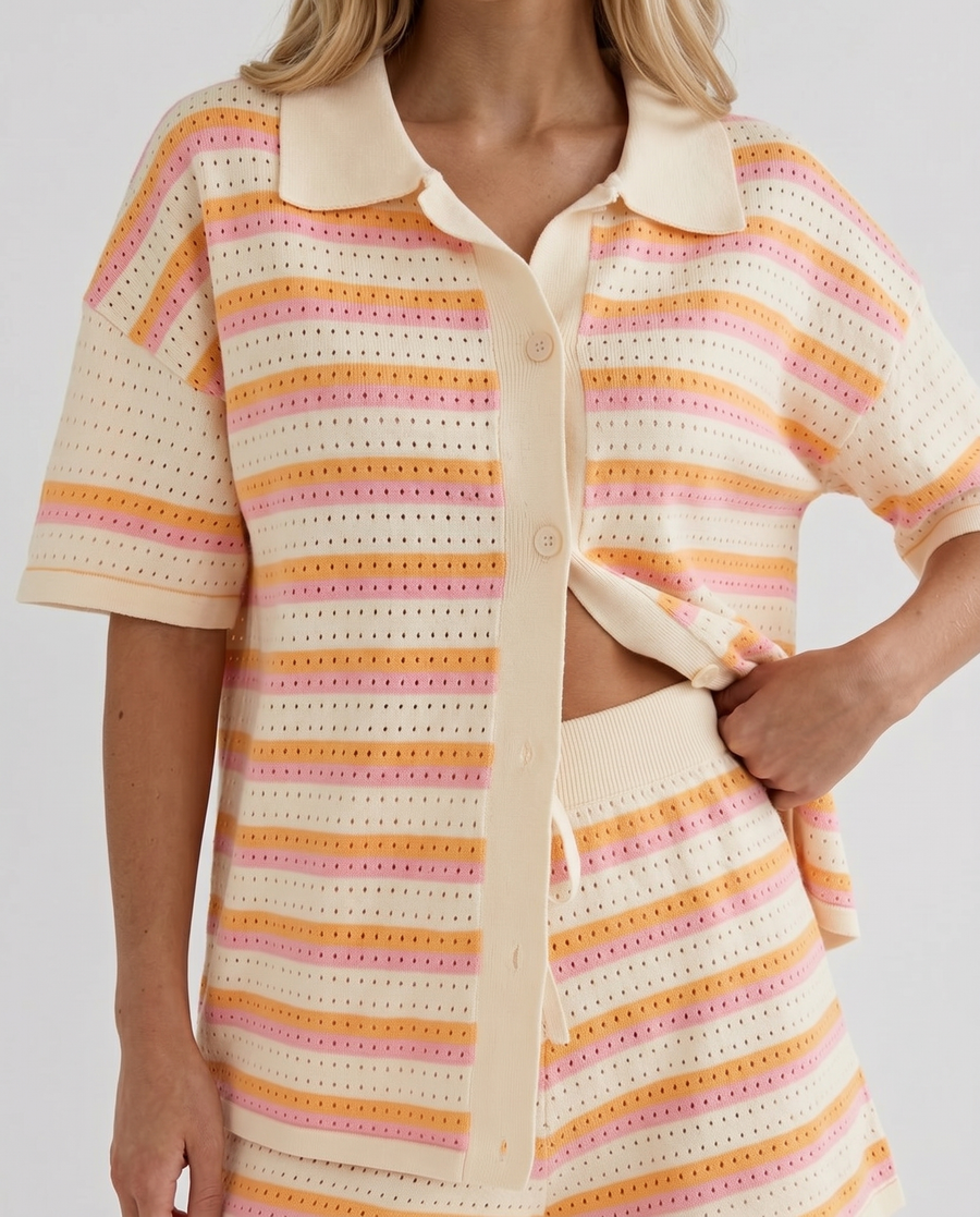 Cameron Striped Shorts Set - Cream