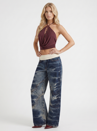 Eden Fold Over Waist Baggy Wide Leg Denim Jeans - Dark Blue