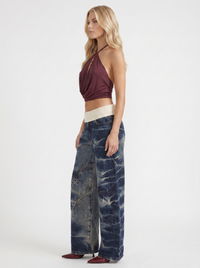 Eden Fold Over Waist Baggy Wide Leg Denim Jeans - Dark Blue