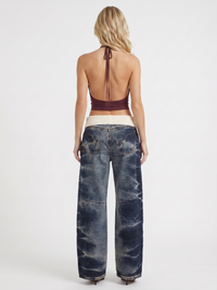 Eden Fold Over Waist Baggy Wide Leg Denim Jeans - Dark Blue