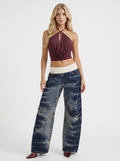Eden Fold Over Waist Baggy Wide Leg Denim Jeans - Dark Blue