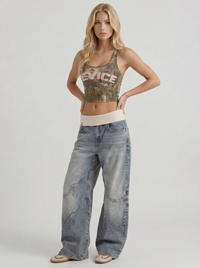 Eden Fold Over Waist Baggy Wide Leg Denim Jeans - Light Blue
