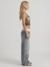 Eden Fold Over Waist Baggy Wide Leg Denim Jeans - Light Blue