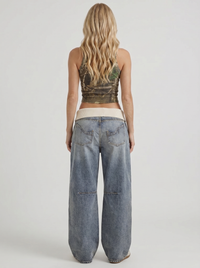 Eden Fold Over Waist Baggy Wide Leg Denim Jeans - Light Blue