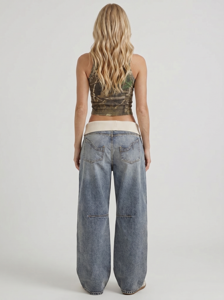 Eden Fold Over Waist Baggy Wide Leg Denim Jeans - Light Blue