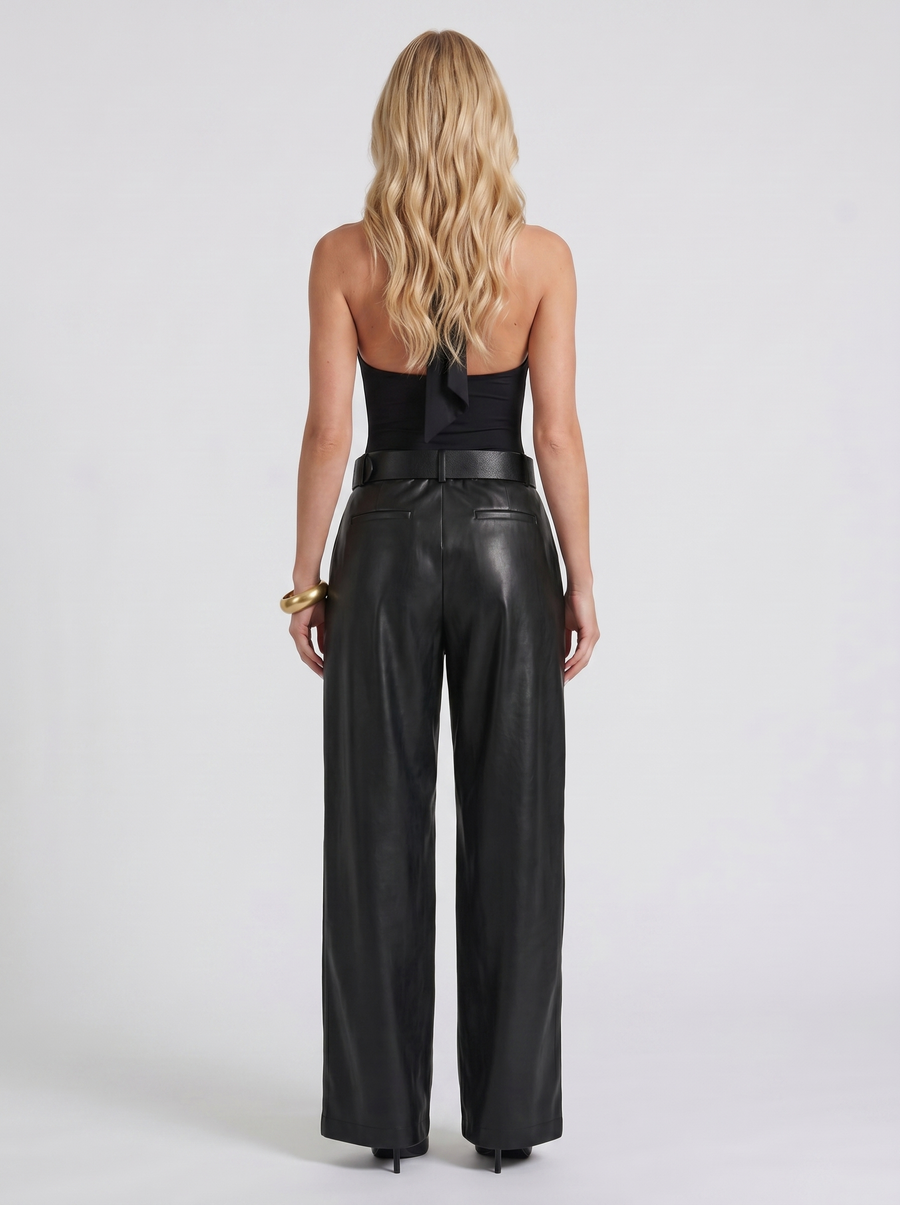 Gianna High Waist Belted Wide Leg Faux Leather Pants - Black