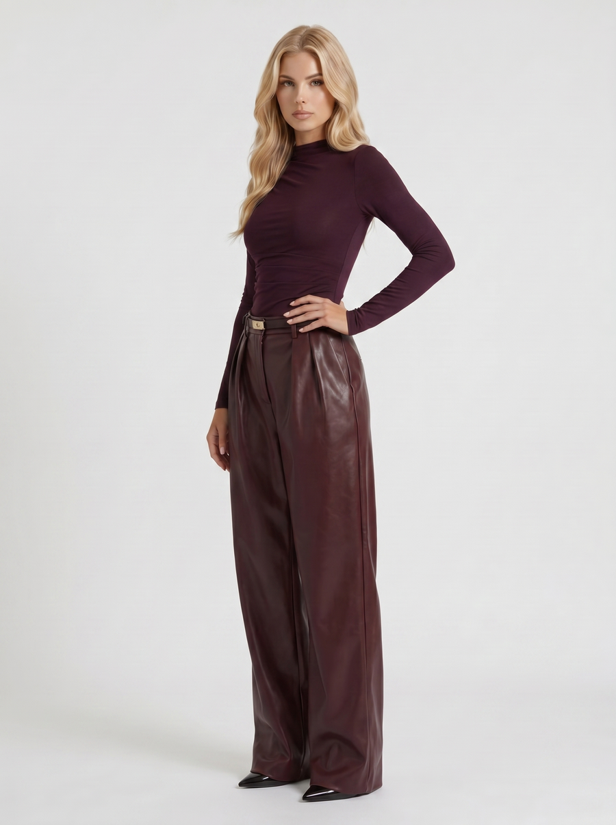 Gianna High Waist Belted Wide Leg Faux Leather Pants - Plum