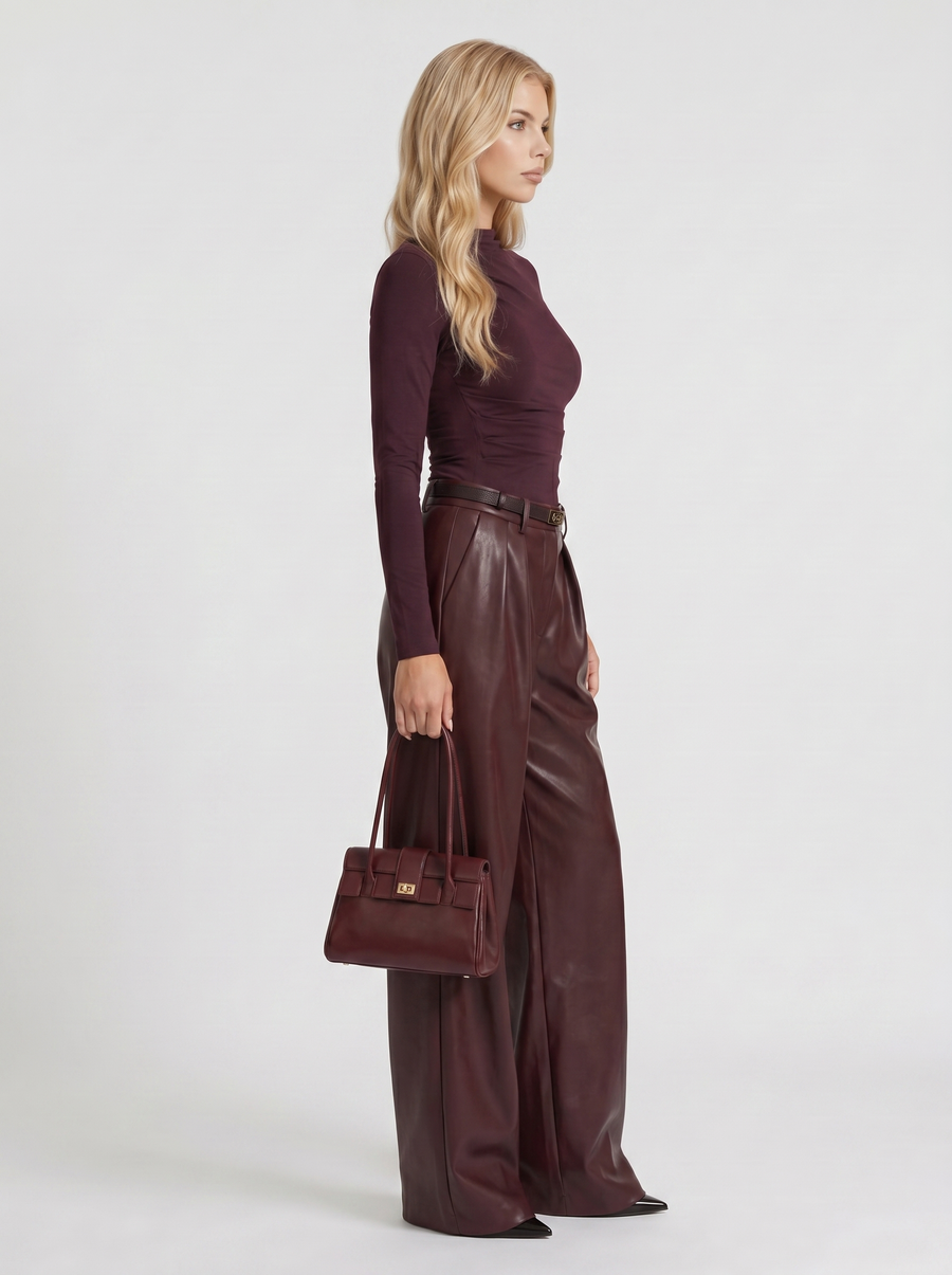 Gianna High Waist Belted Wide Leg Faux Leather Pants - Plum