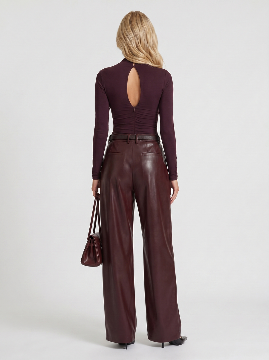 Gianna High Waist Belted Wide Leg Faux Leather Pants - Plum