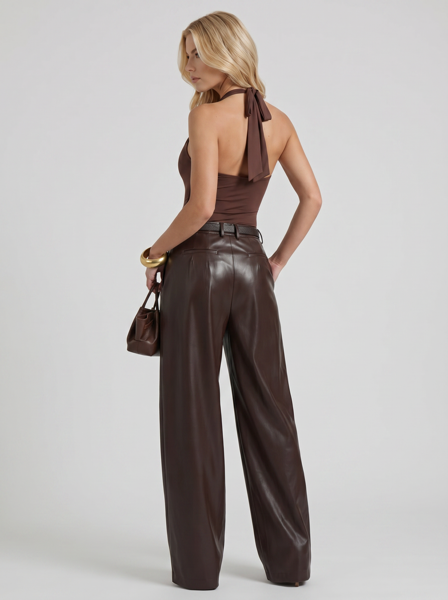 Gianna High Waist Belted Wide Leg Faux Leather Pants - Plum Brown