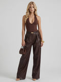 Gianna High Waist Belted Wide Leg Faux Leather Pants - Plum Brown