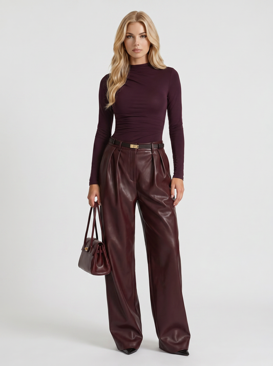 Gianna High Waist Belted Wide Leg Faux Leather Pants - Plum