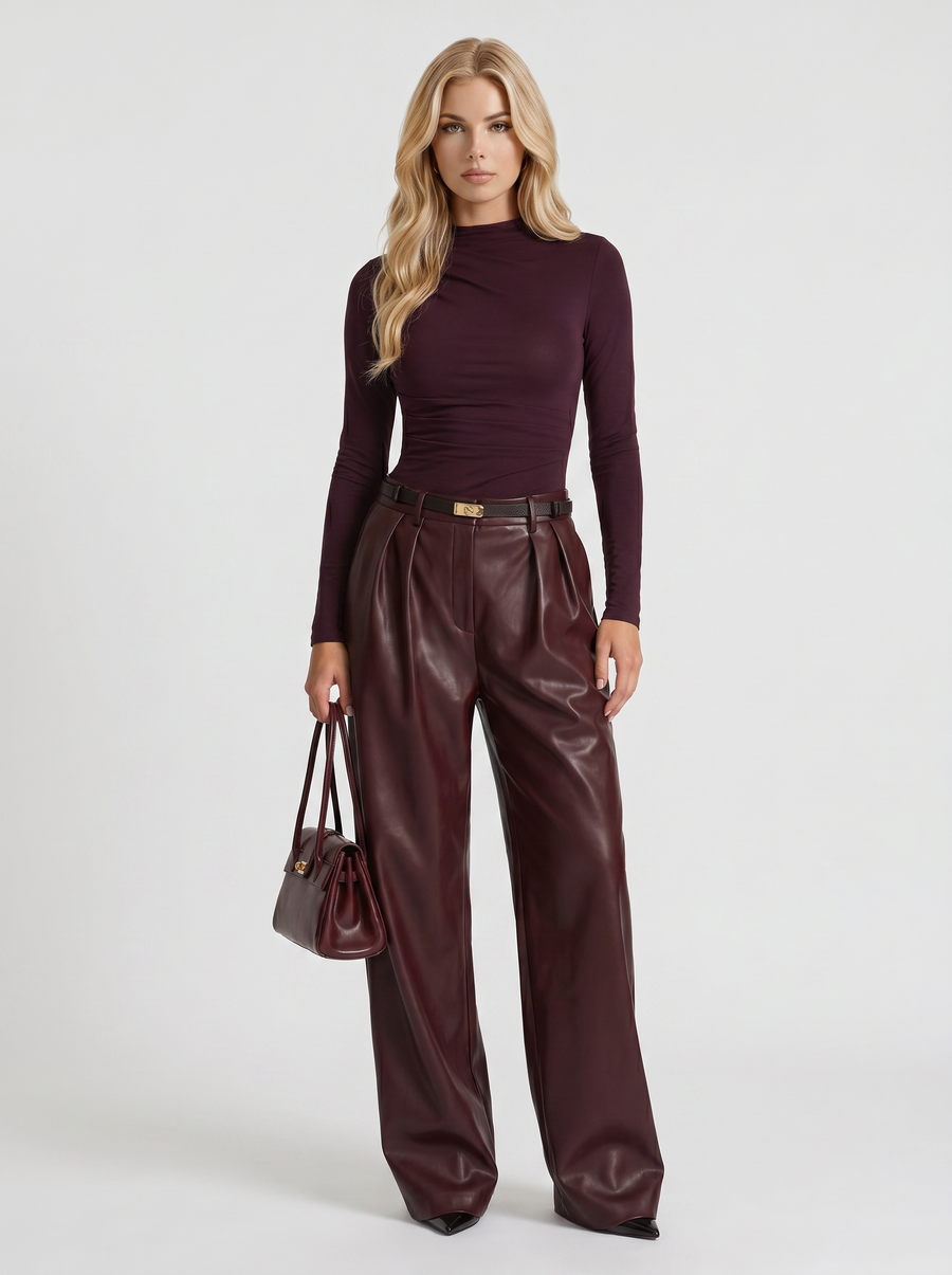 Gianna High Waist Belted Wide Leg Faux Leather Pants - Plum