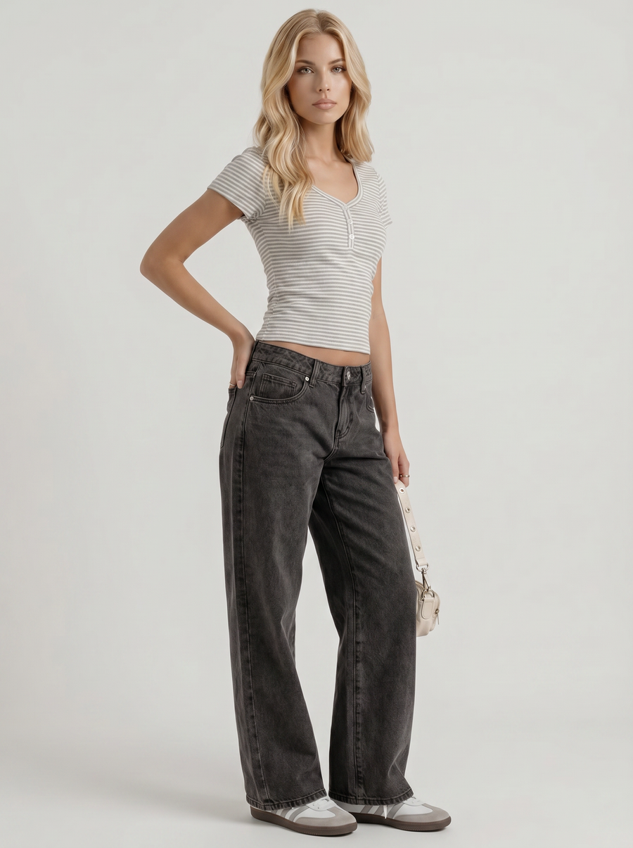 Nora Low Rise Wide Leg Denim Jeans - Black Washed