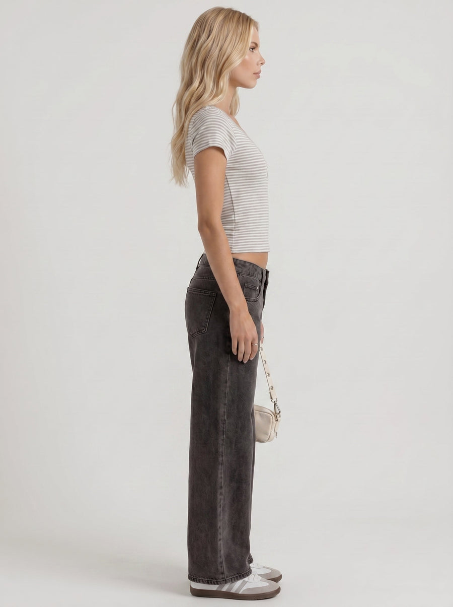 Nora Low Rise Wide Leg Denim Jeans - Black Washed
