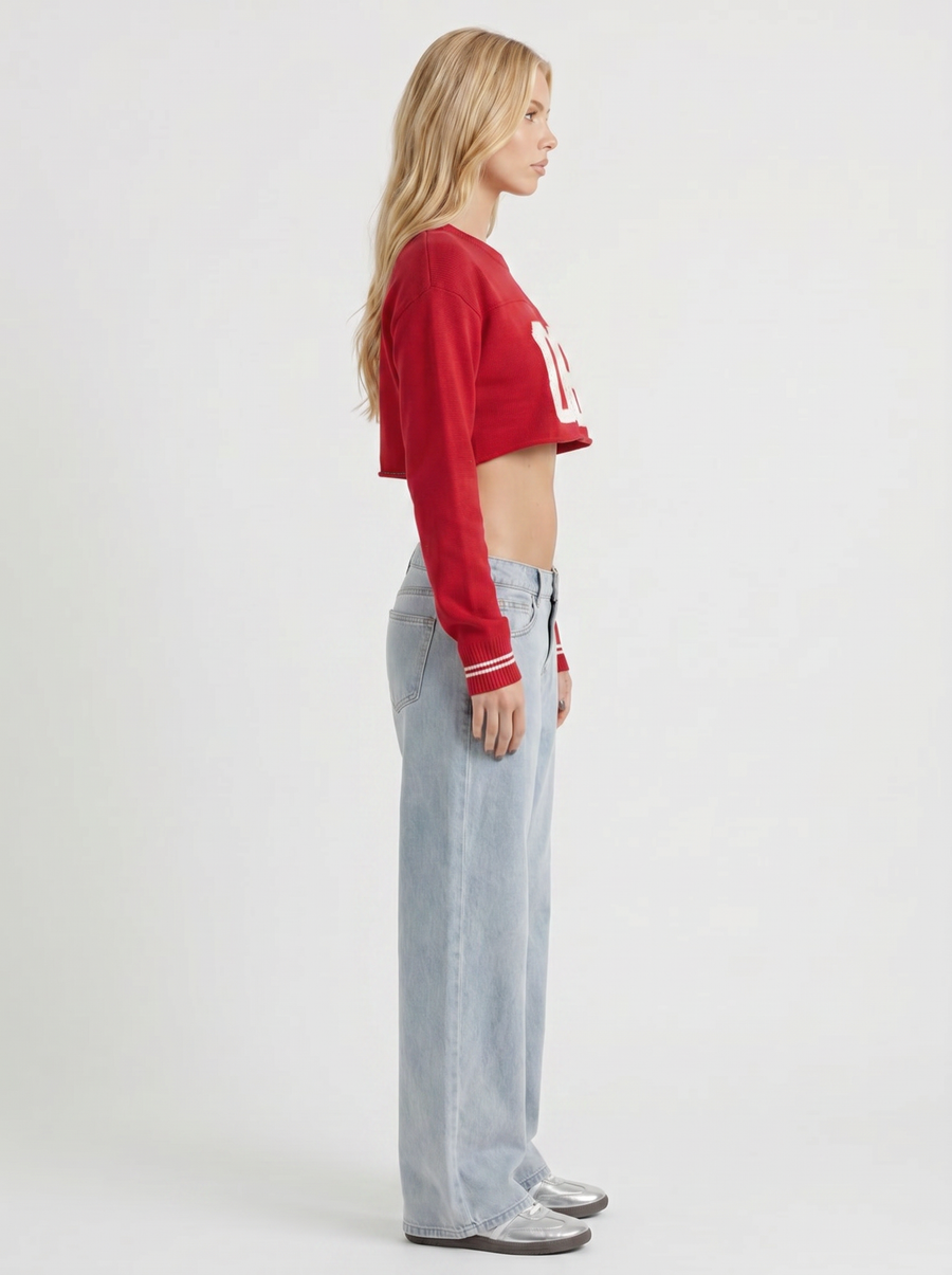 Nora Low Rise Wide Leg Denim Jeans - Light Blue Red Stitch