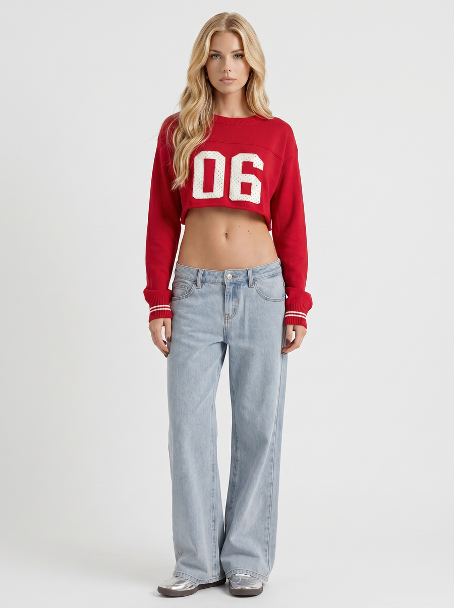 Nora Low Rise Wide Leg Denim Jeans - Light Blue Red Stitch