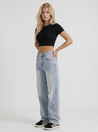 Reese Mid Rise Baggy Distressed Wide Leg Jeans - Light Blue