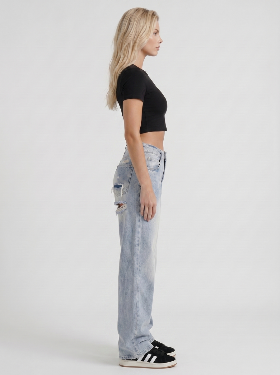 Reese Mid Rise Baggy Distressed Wide Leg Jeans - Light Blue