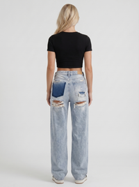 Reese Mid Rise Baggy Distressed Wide Leg Jeans - Light Blue