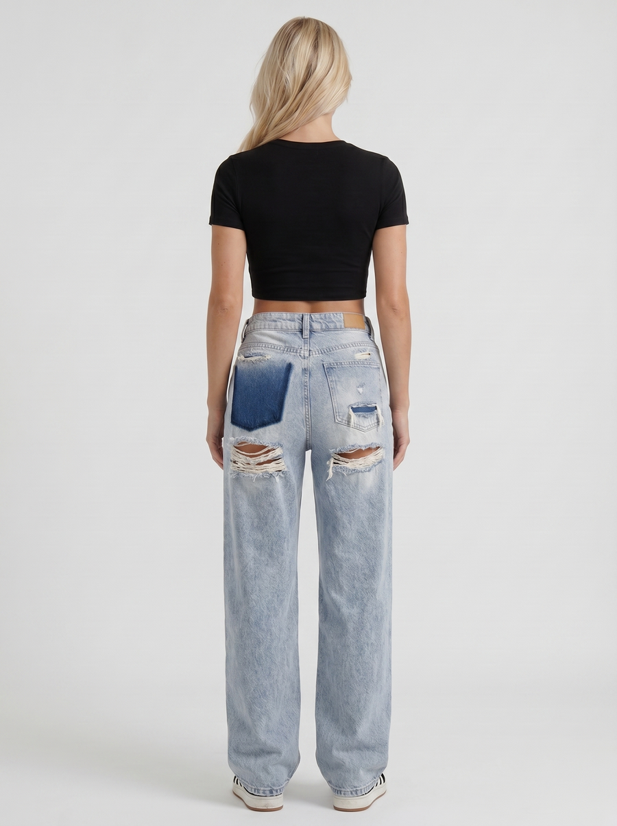 Reese Mid Rise Baggy Distressed Wide Leg Jeans - Light Blue