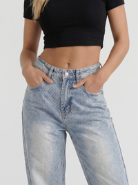 Reese Mid Rise Baggy Distressed Wide Leg Jeans - Light Blue