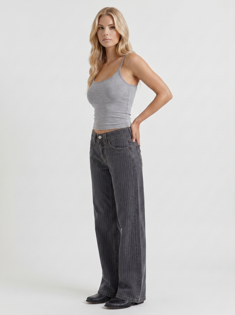 Romy Low Rise Pinstripe Wide Leg Denim Jeans - Charcoal Blue