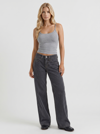Romy Low Rise Pinstripe Wide Leg Denim Jeans - Charcoal Blue