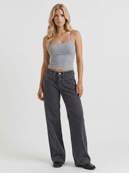 Romy Low Rise Pinstripe Wide Leg Denim Jeans - Charcoal Blue